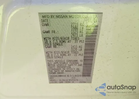 2017 Nissan Pathfinder Sl z USA, uszkodzony, nr VIN 5N1DR2MM4HC635809